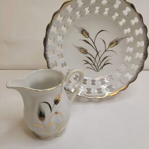 Vintage Lefton Wheat Porcelain Pedestal Server + Creamer Set White Gold